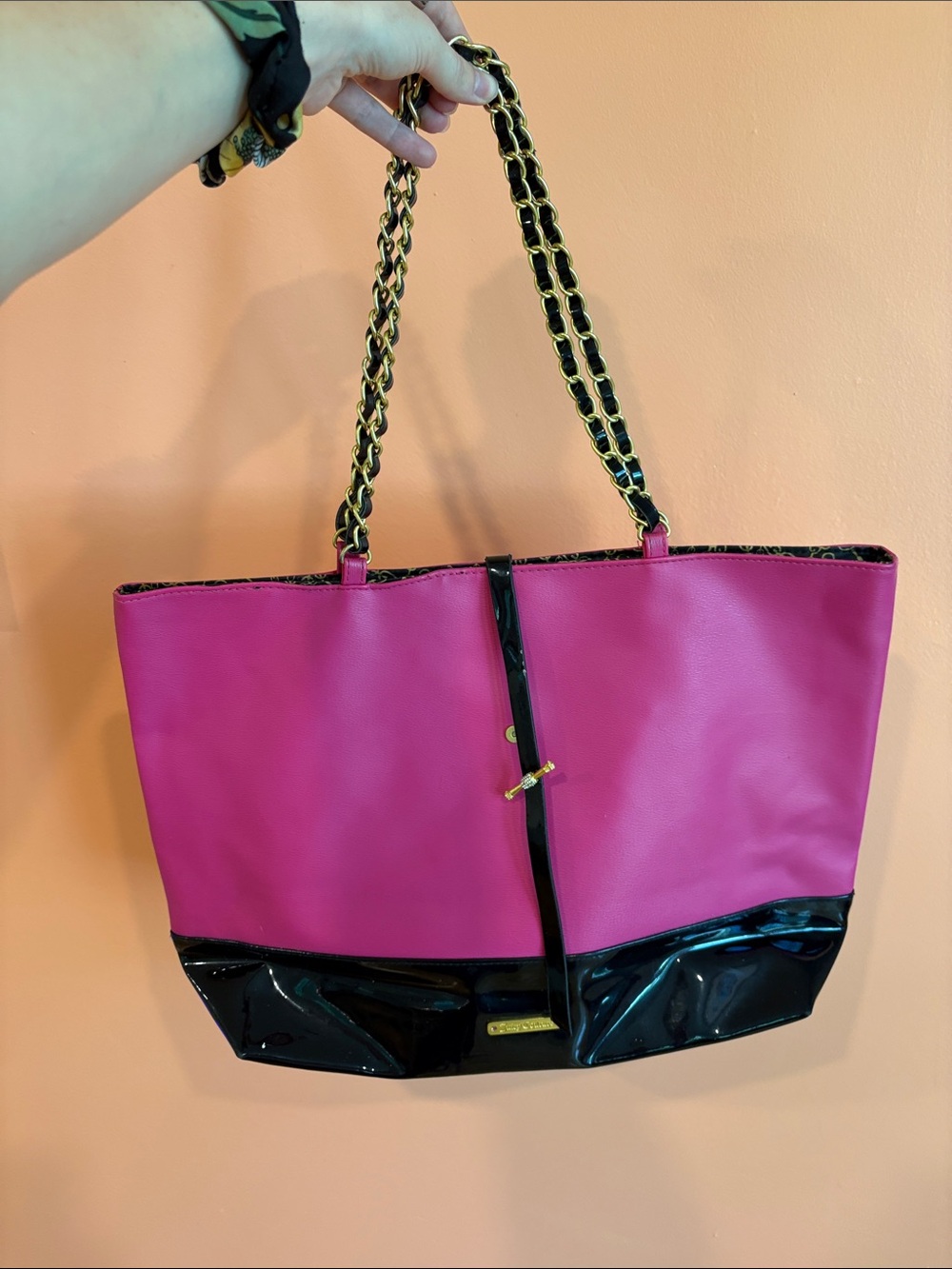 Juicy Couture Pink and Black Tote Bag with Chain Straps